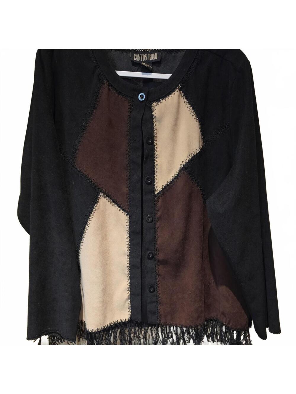 Vintage Canyon Road Western Jacket 2XL Black Brown Fringe Hem Button Front